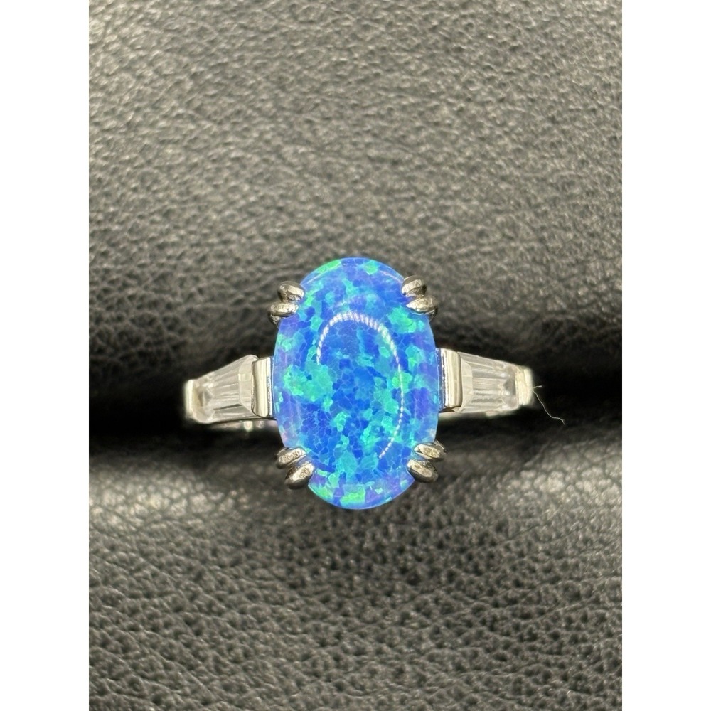 New Condition Sterling Silver Lab Blue Opal Cubic Zirconia Ring Size 6 G14